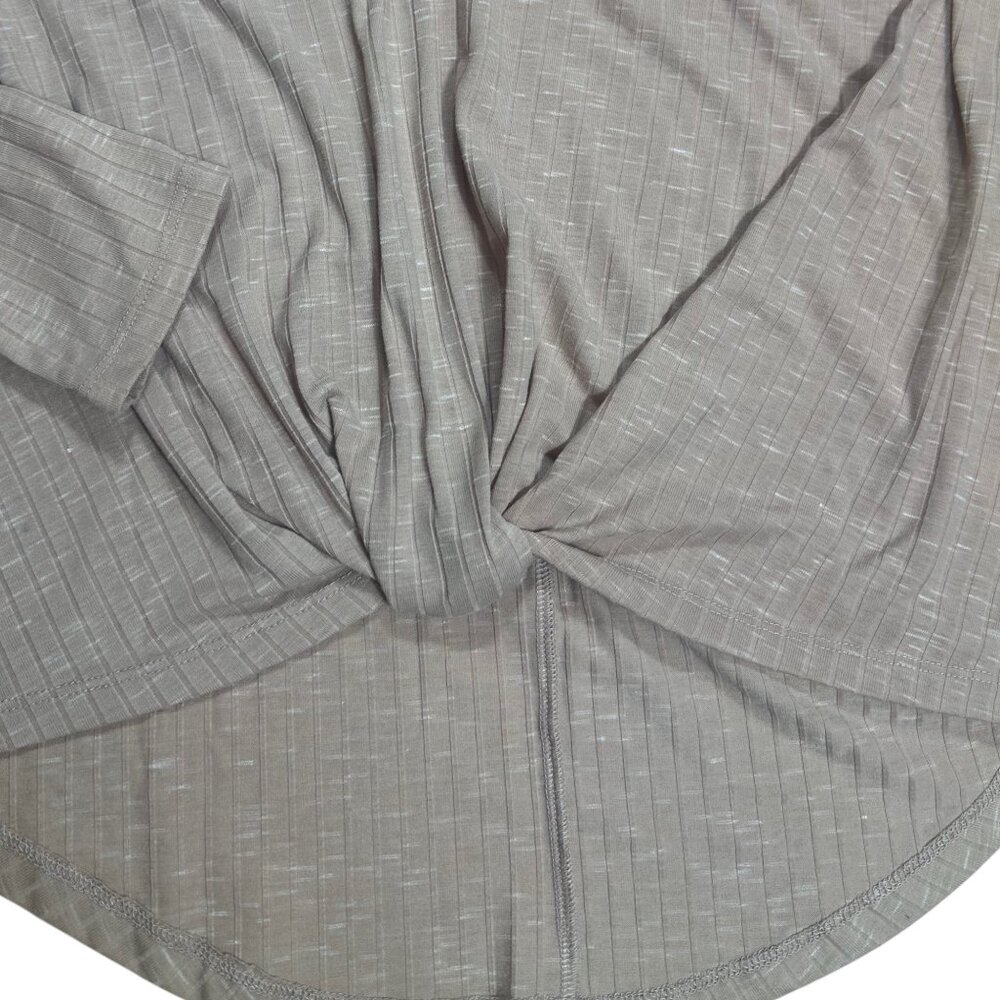 Francesca's Blue Rain Rose Ribbed Lace Lined V Neck Knotted Front Long Sleeve Ts - Picture 2 of 5